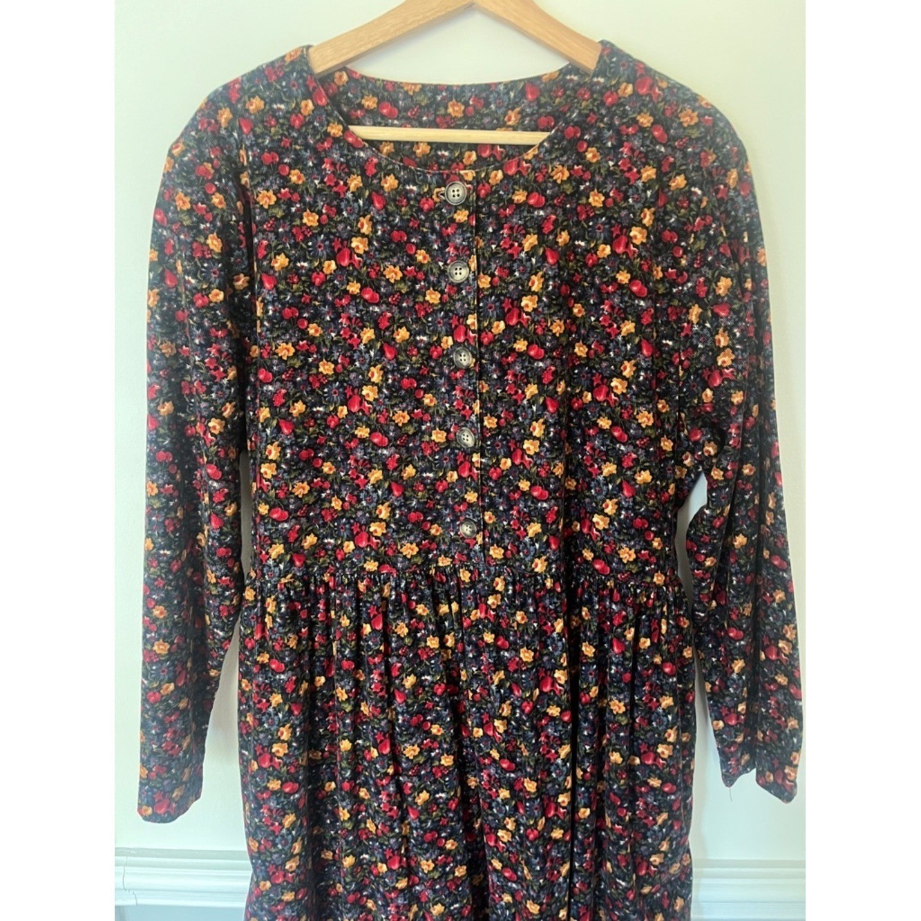 Vtg Country Trad Wife Floral Maxi Dress Large Long Sleeve Corduroy Cotton