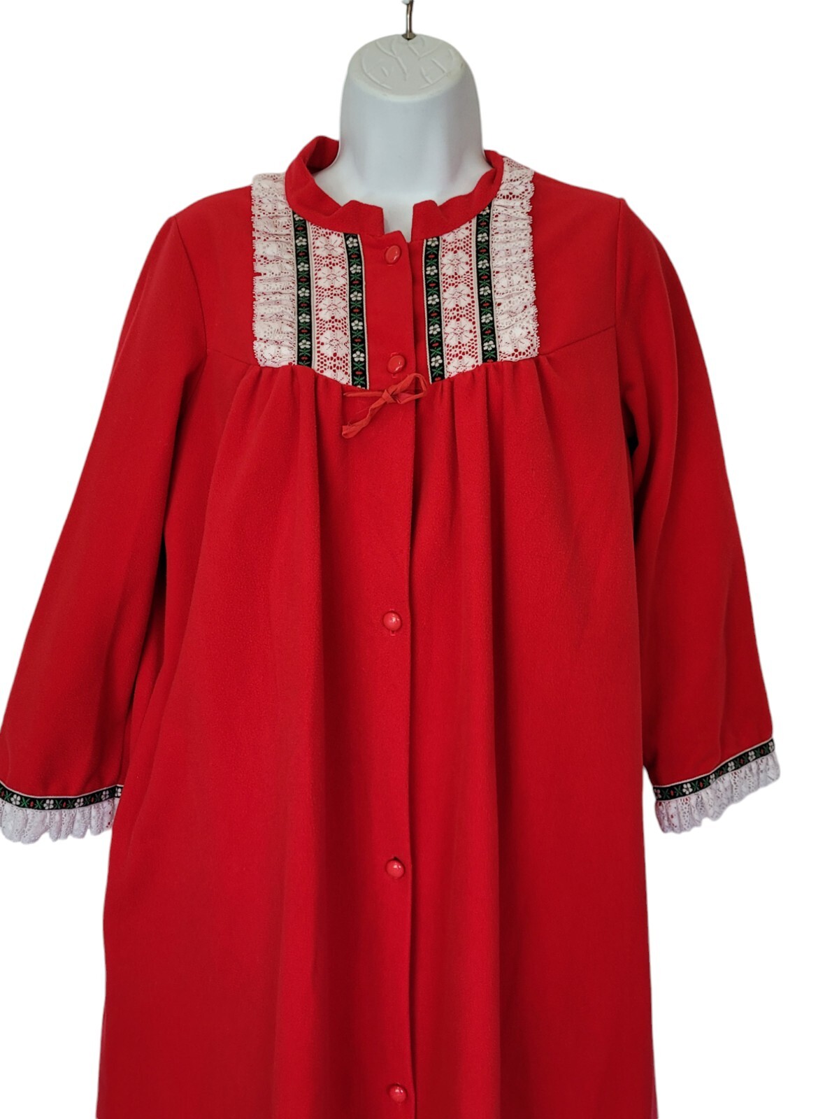 Lorraine Robe Womens S Red Vintage Flannel Maxi Lace Trim Full Button Pocket