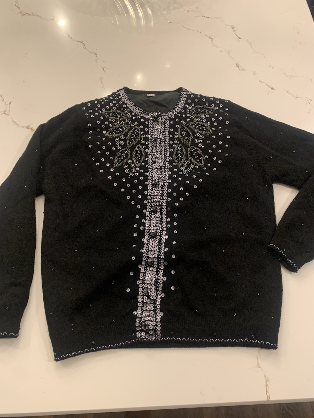 Vintage 60’s Black Beaded Sweater Silver Sequined Wool Blend Size 42 USA 10