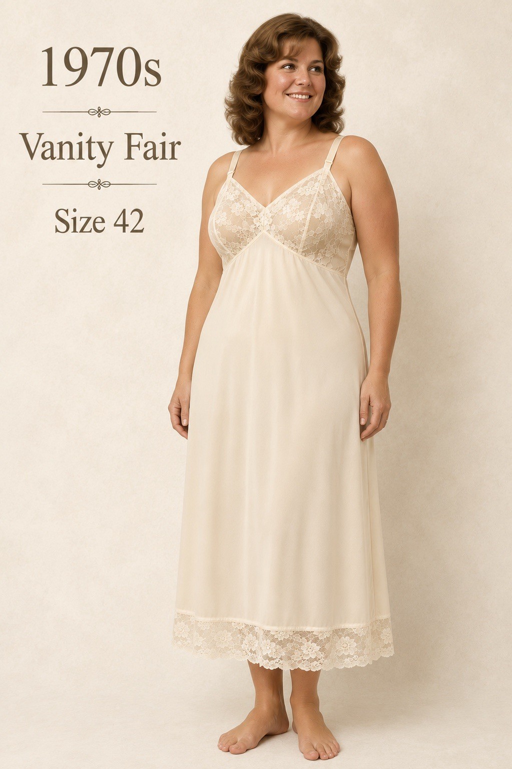 Vintage 70s Vanity Fair Antron III Full Slip Cream Lace Size 42 USA
