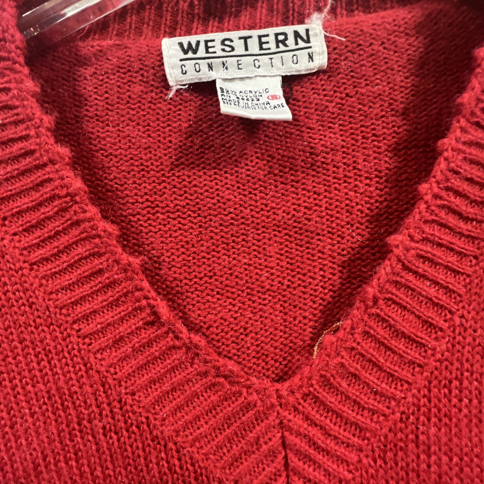 VTG Western Connection womens S tunic Sweater Red pearls beaded v neck 80s Retro