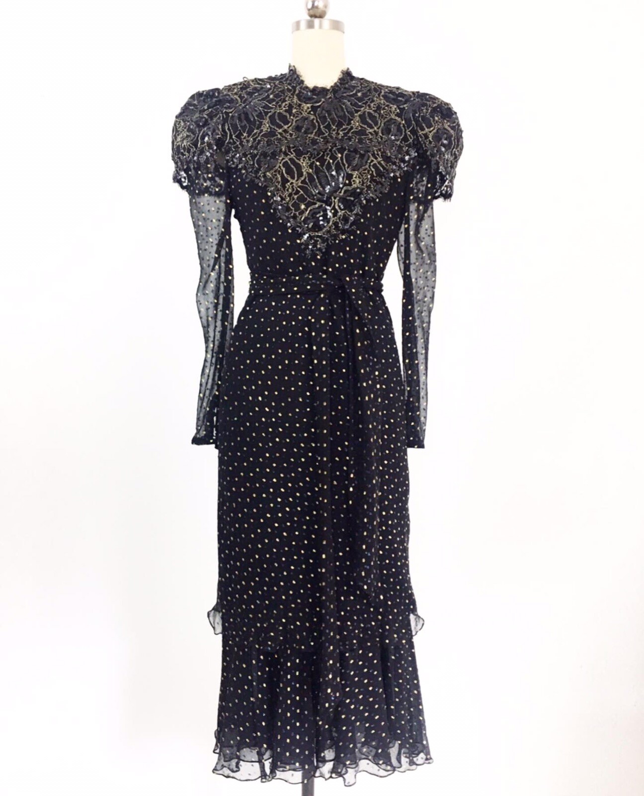 Vintage Judy Hornby Pure Silk Heavily Beaded Bodice Dress W/ Polka Dots Size M