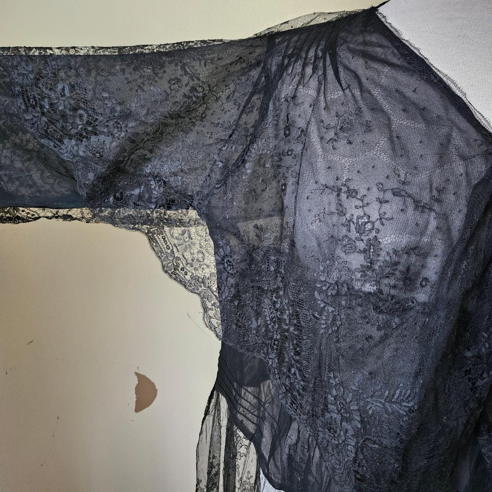 Vtg/Antique 1920s Black Mourning Silk Chiffon Lace Sheer Dress Capelet Medium