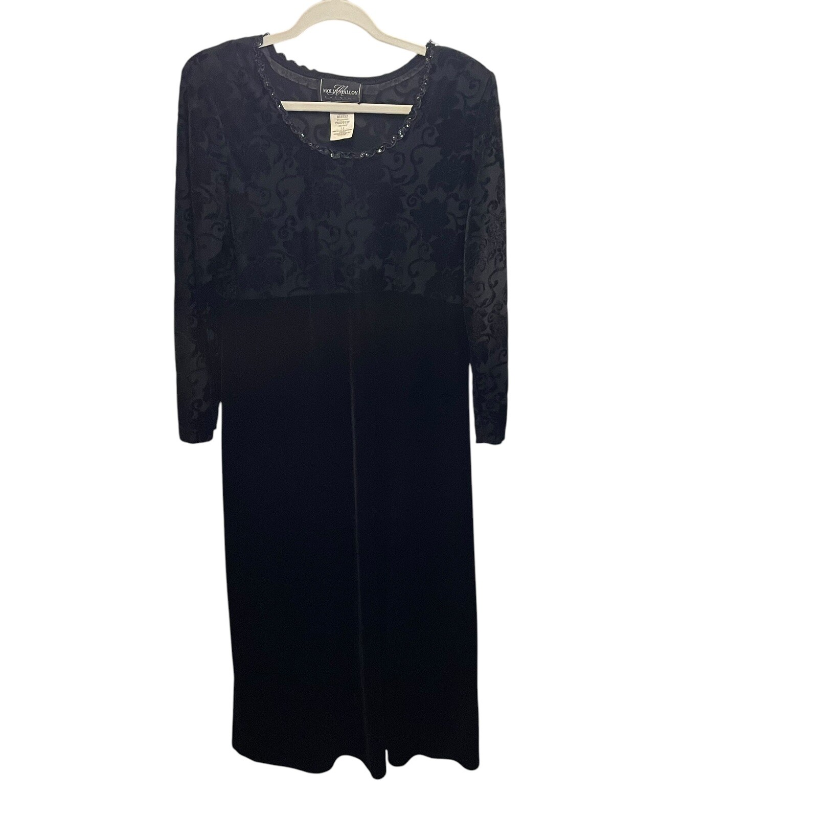 Vintage Molly Malloy Velvet Dress Gown Black Size 12 Burnout Floral beaded USA