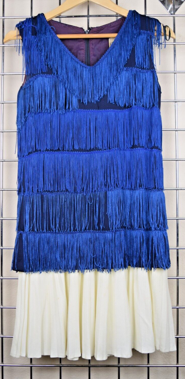 Vintage Flapper Dress Elegant Miss Size S/M 60s Silky Blue Tassels Ivory Ruffle