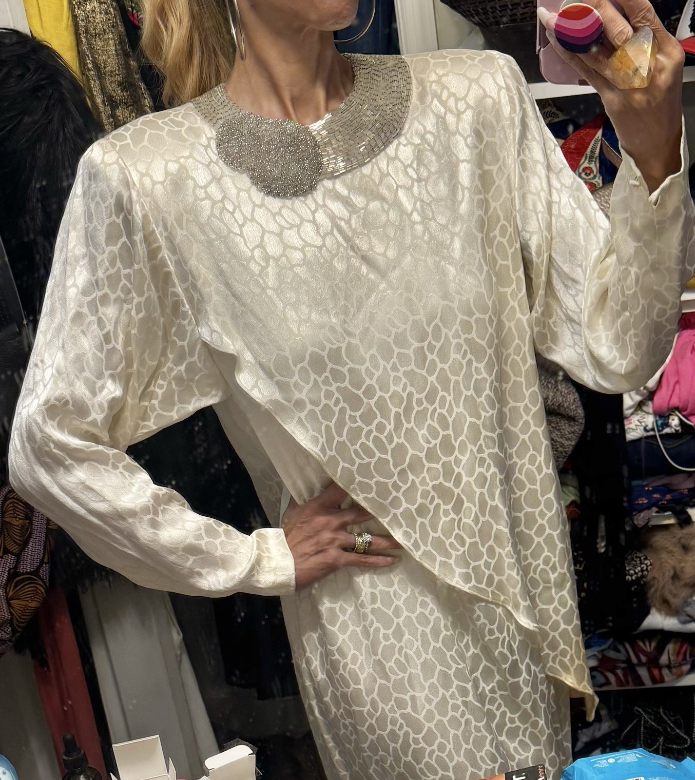 Vtg A J Bari Isaacson’s Ivory Off White Leopard Beaded Neckline Shoulder Dress