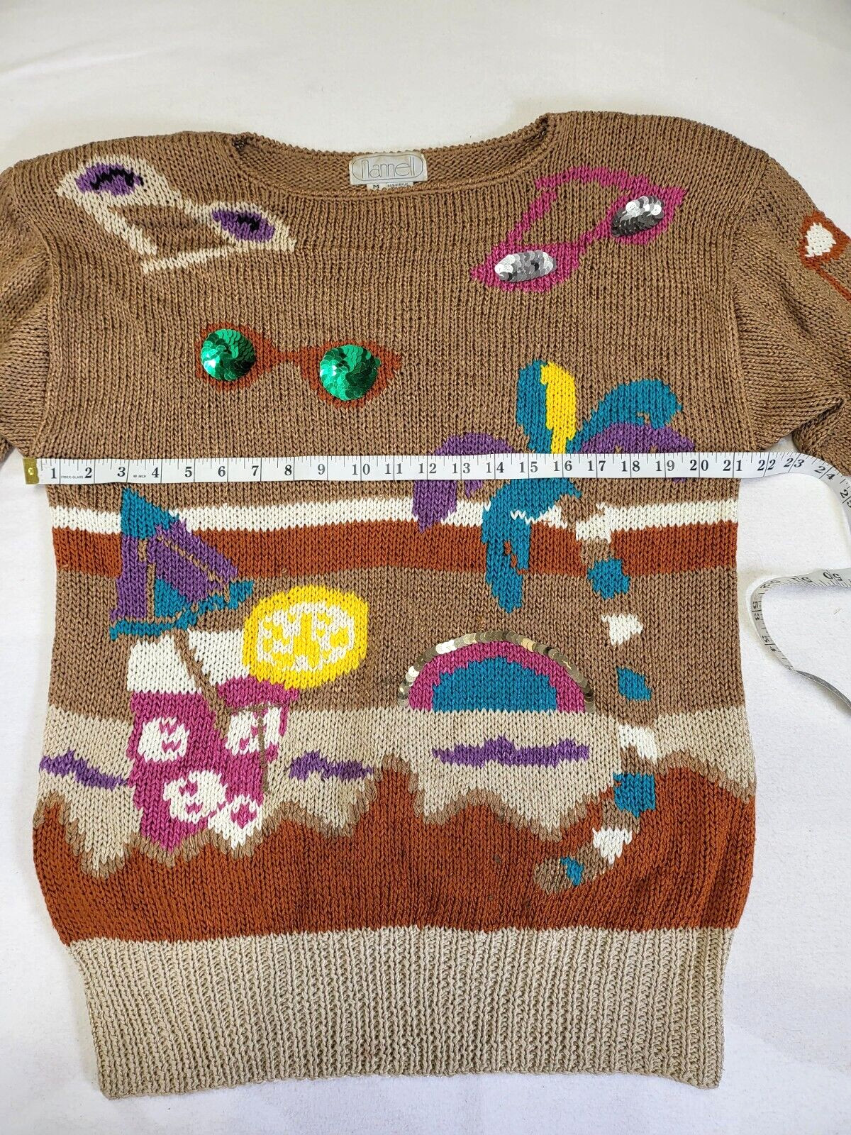 VTG NANNELL Beach Theme Hand Knit Sweater Sunglasses Palm Tree Sunbather Medium