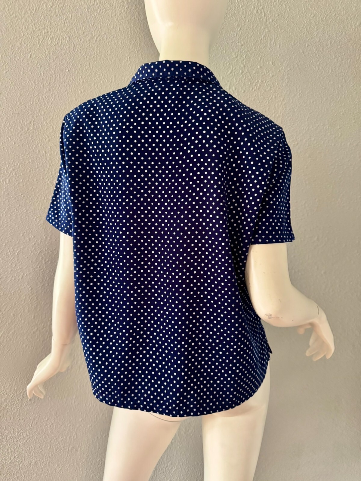Vintage 80s Navy Blue Polka Dot Nautical Boxy Button Top Blouse M