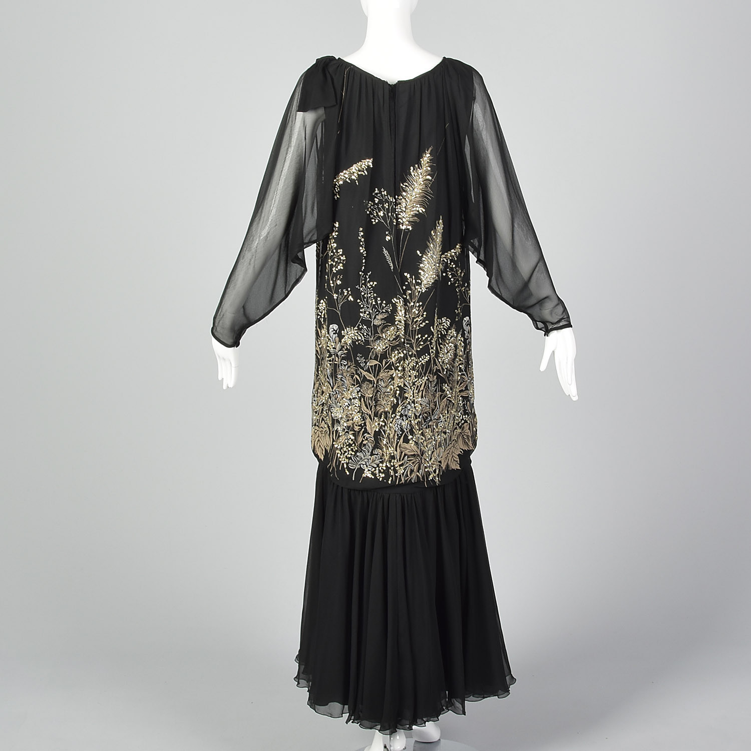 Small 1980s Black Drop Waist Printed Dress Gold Glitter VTG Long Maxi Party