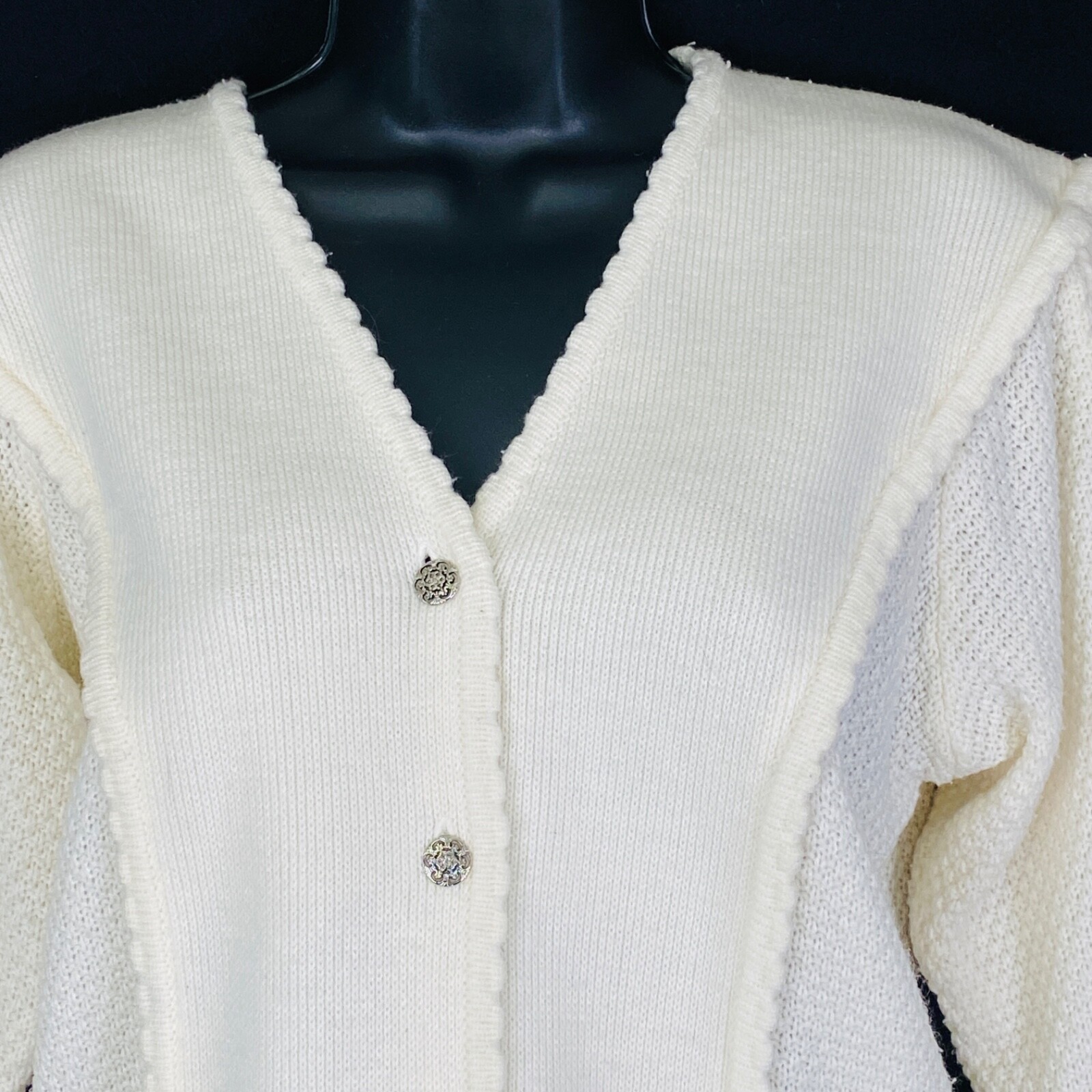 Vintage 1980s white sweater, Victorian style oversized crop cardigan knit top M