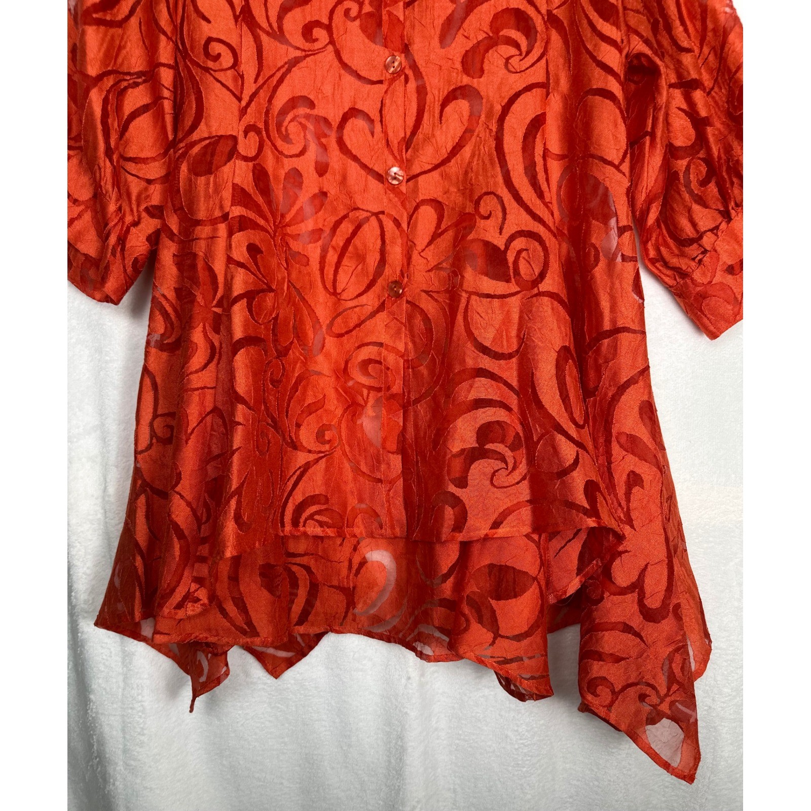 Vintage Come N See Tunic Top Dress Large Orange Burnout Sheer Boho Art to Wear