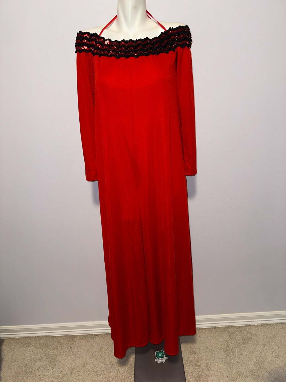 Vtg 70s Lilli Diamond Red Jumpsuit Off Shoulder Black Sequins Womens Size 10
