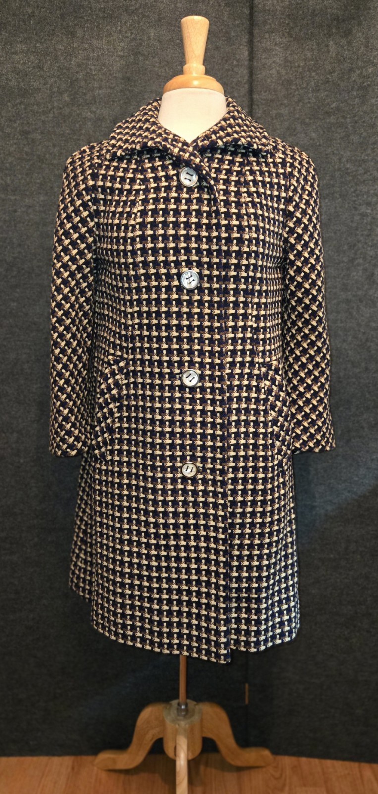 Vntg I. Magnin Coat 10 Womens USA 3/4 Sleeve Houndstooth Blue, Brown, Beige EUC