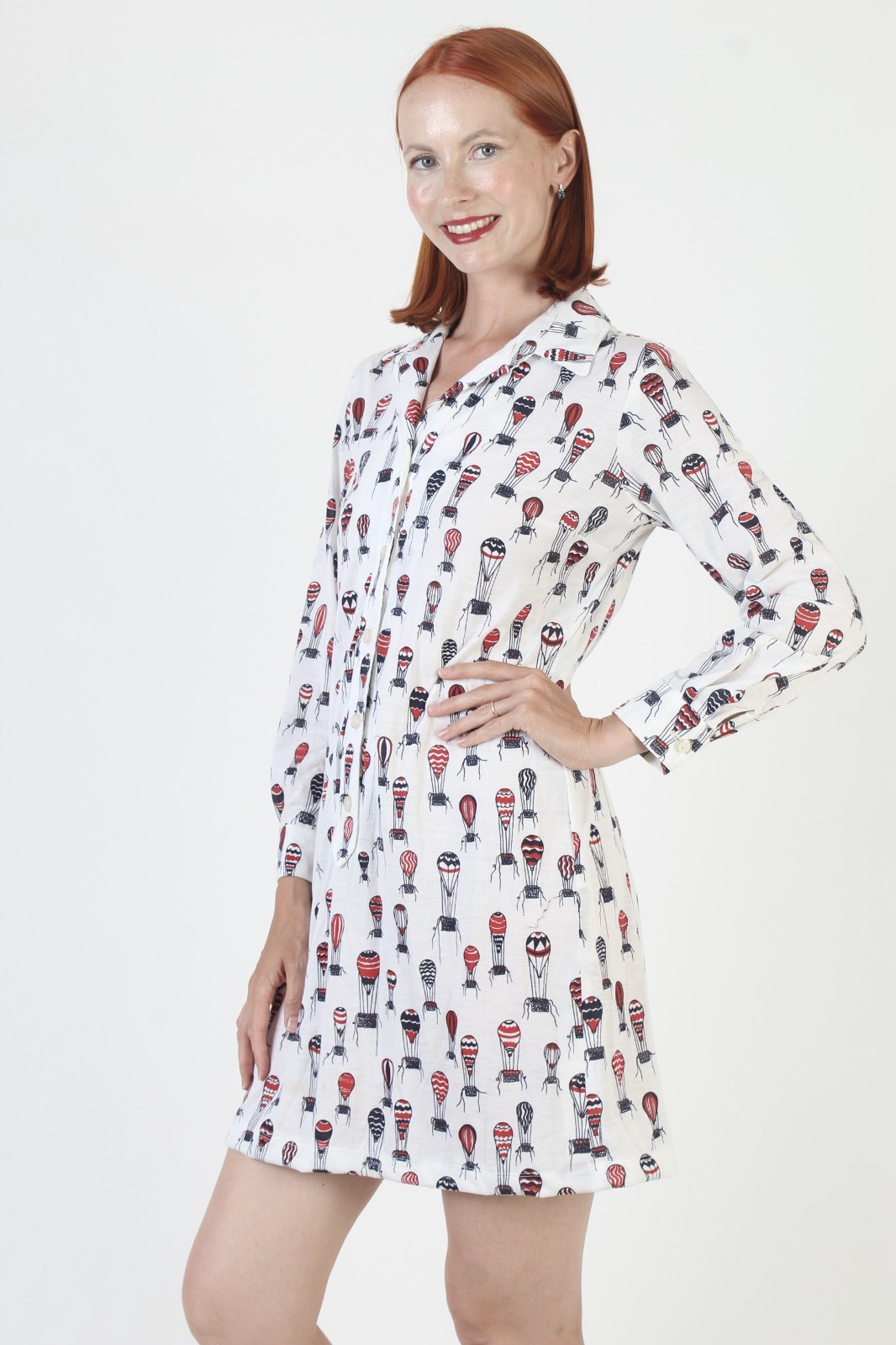 Vtg Hot Air Balloon Shirt Dress Dagger Collar Button Up Novelty Print Sundress