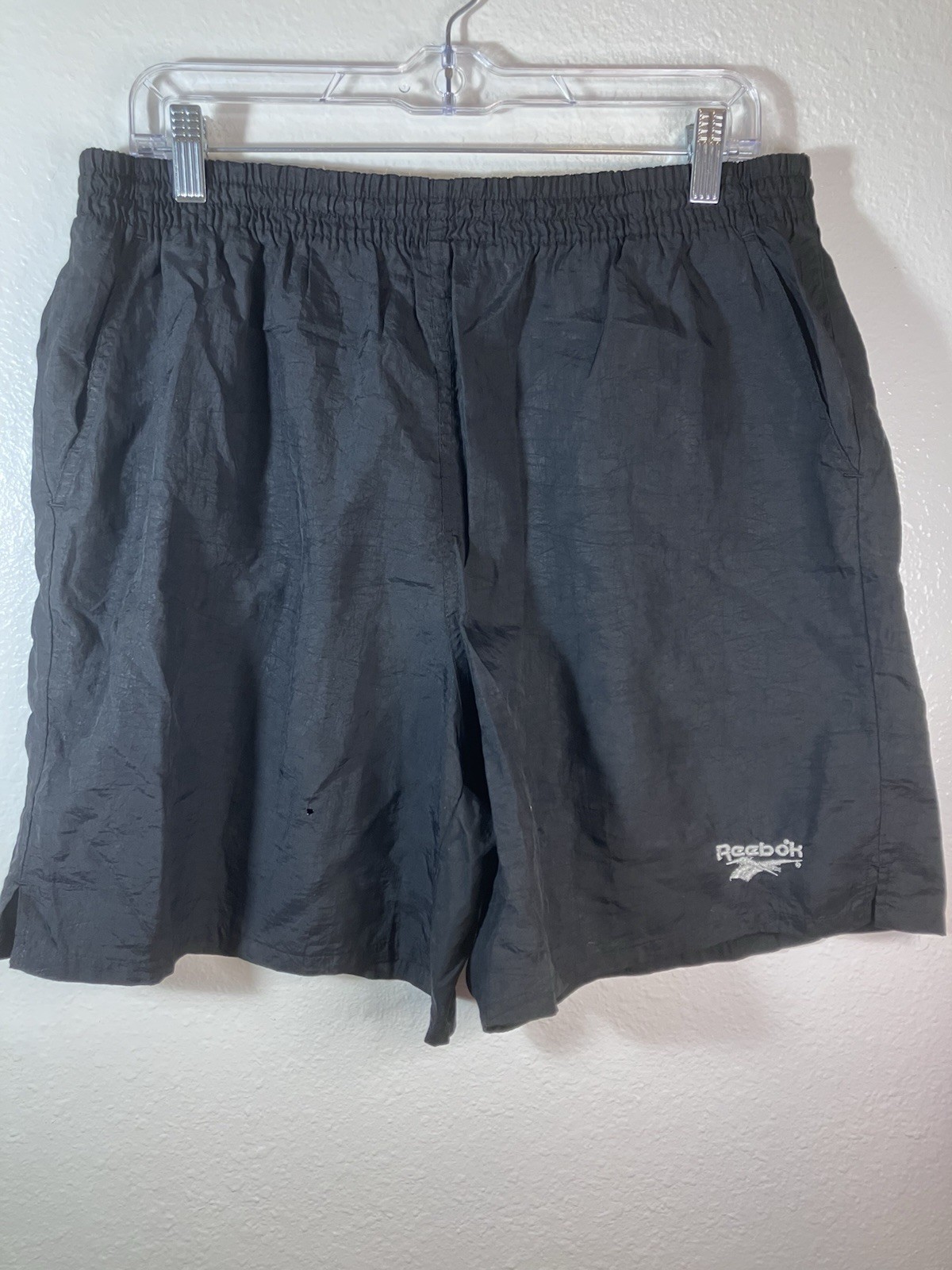 VTG Reebok Shorts Black Nylon 90s Logo Athletic Summer Gymcore Flaw- Small Hole