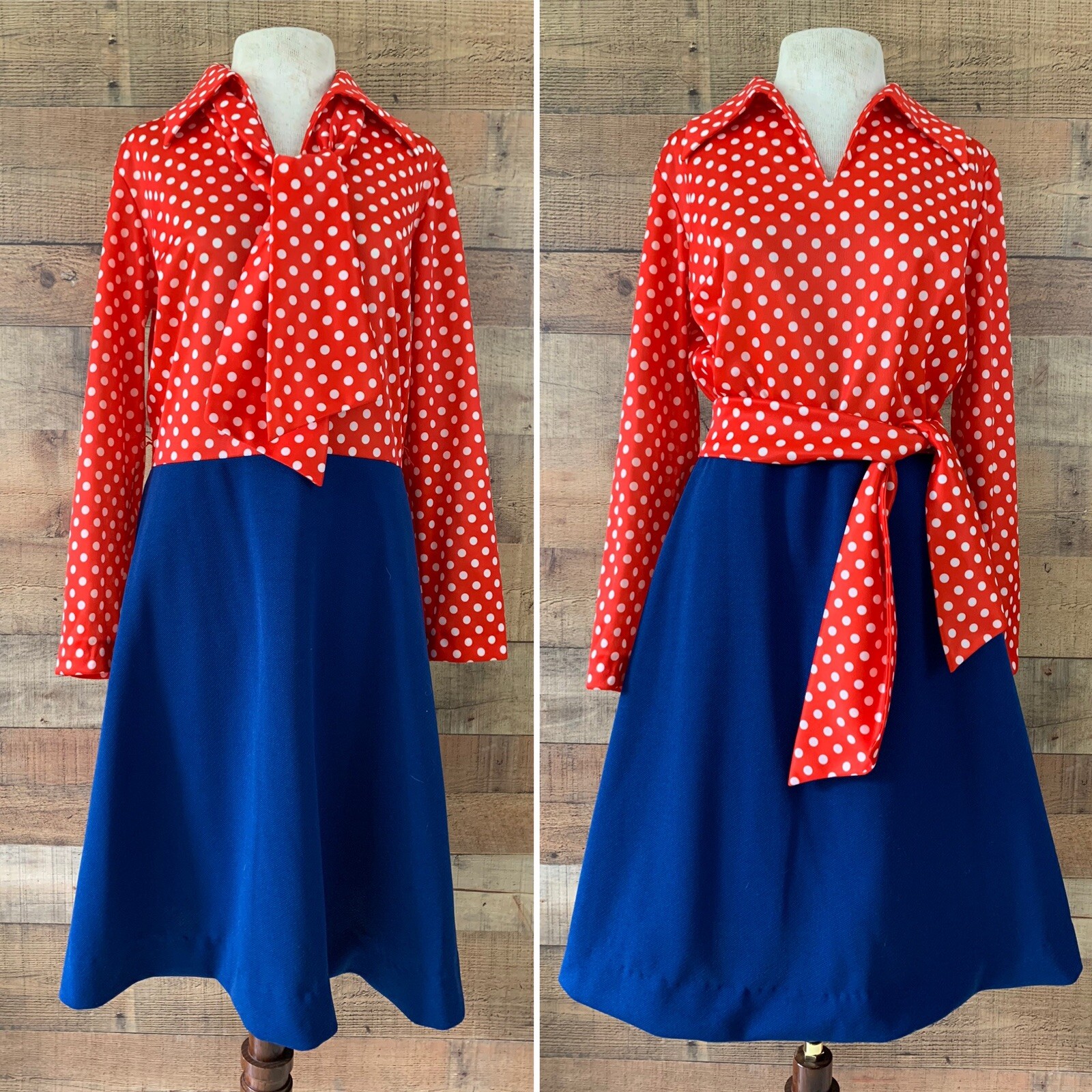 Vintage 1970’s Shady Lane Polka Dot Pointy Collar Dress M/L