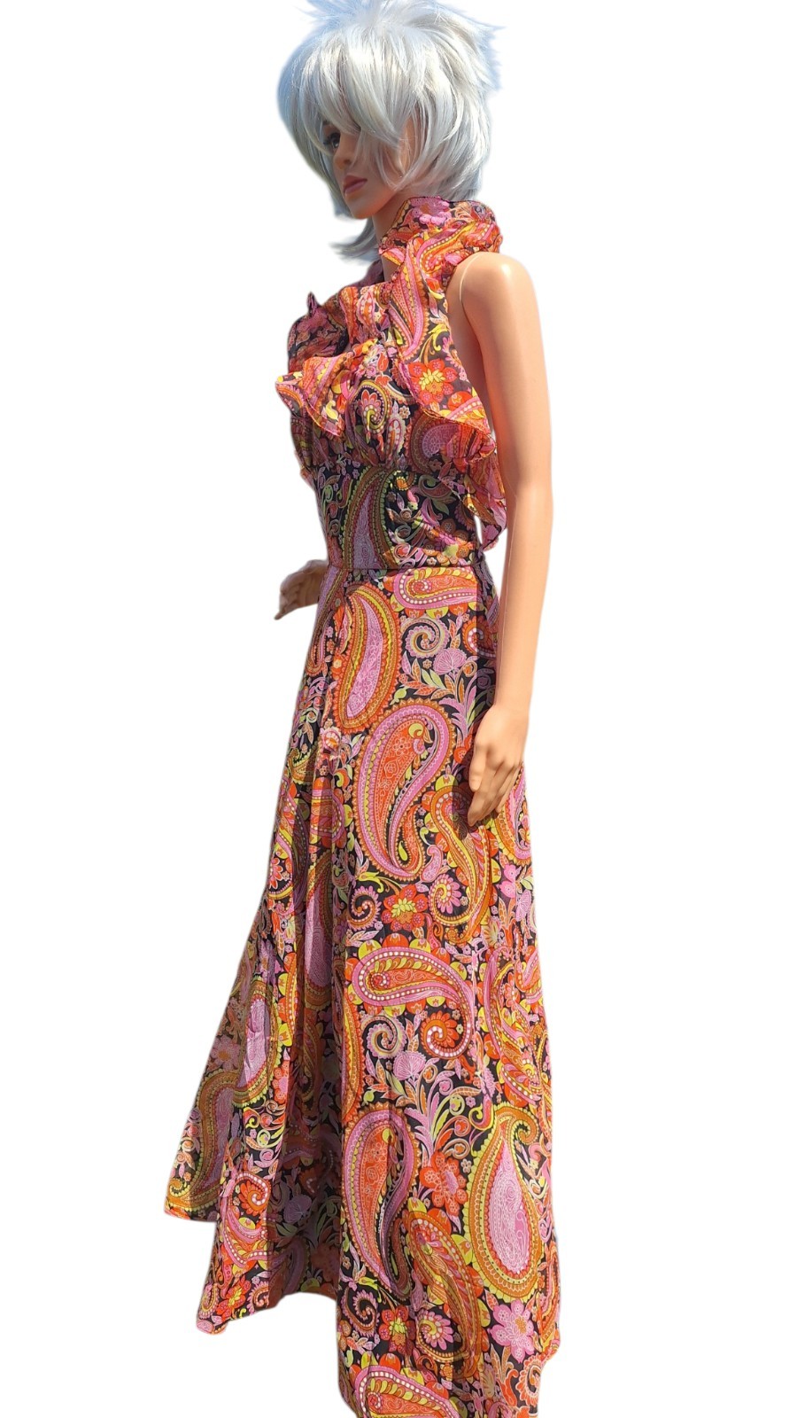 Jack Hartley Miami Maxi Dress Paisley Print Ruffle Neck Sleeveless S Vtg 70s