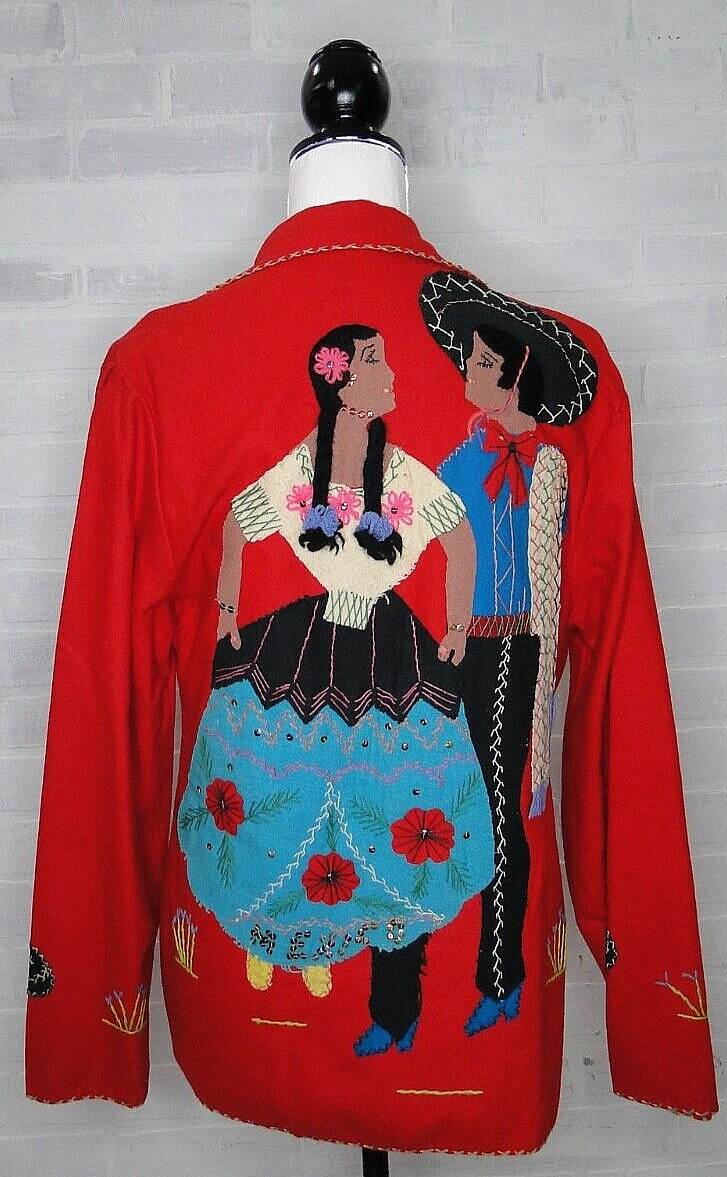 Vintage 40s jacket Wool Medium LOPEZ MEXICO Embellished FELT Couple On Back Red