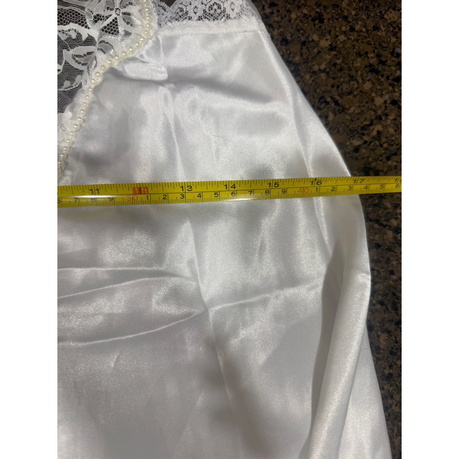Vintage Appel Sleepwear White Satin Lace Pearl Nightgown Maxi Chemise Medium