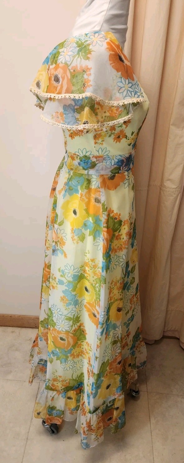 Vtg Wm’s 70s Yellow Floral Maxi Dress*Sheer Flutter Sleeve*Lg-photo Measurements