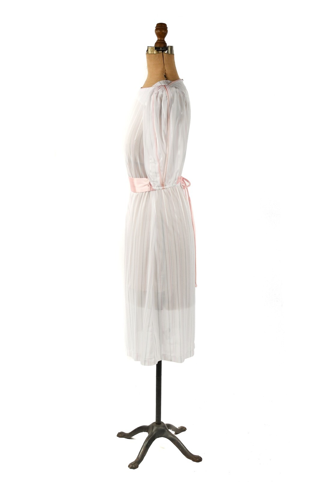 Vintage 80s Semi Sheer White + Pastel Pink Pinstripe Puff Sleeve Preppy Dress S
