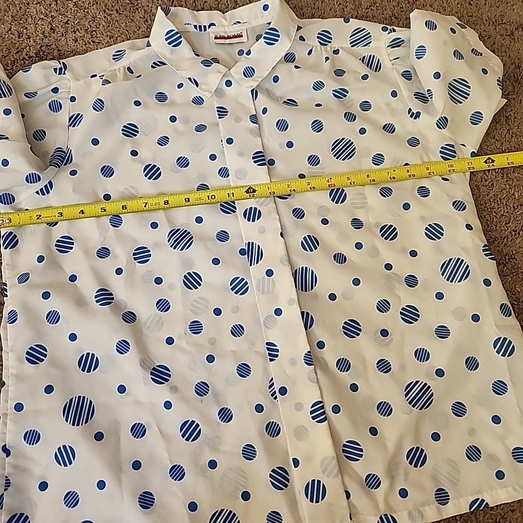 Vtg 70s Judy Bond Sheer Polka Dot Short Sleeve Blouse Dopamine Bright Button-Up