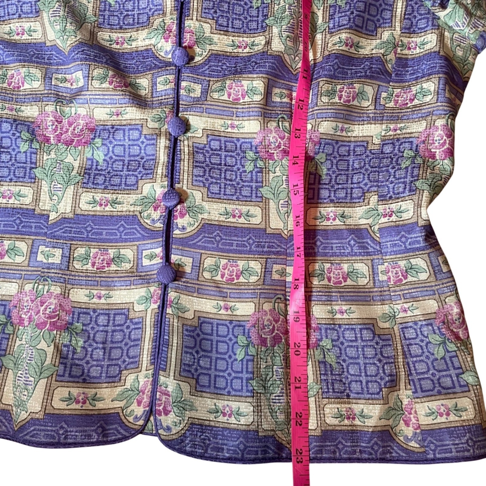 Adrianna Papell Vintage 100% Silk Floral Geometric Frog Button Blouse Purple 12