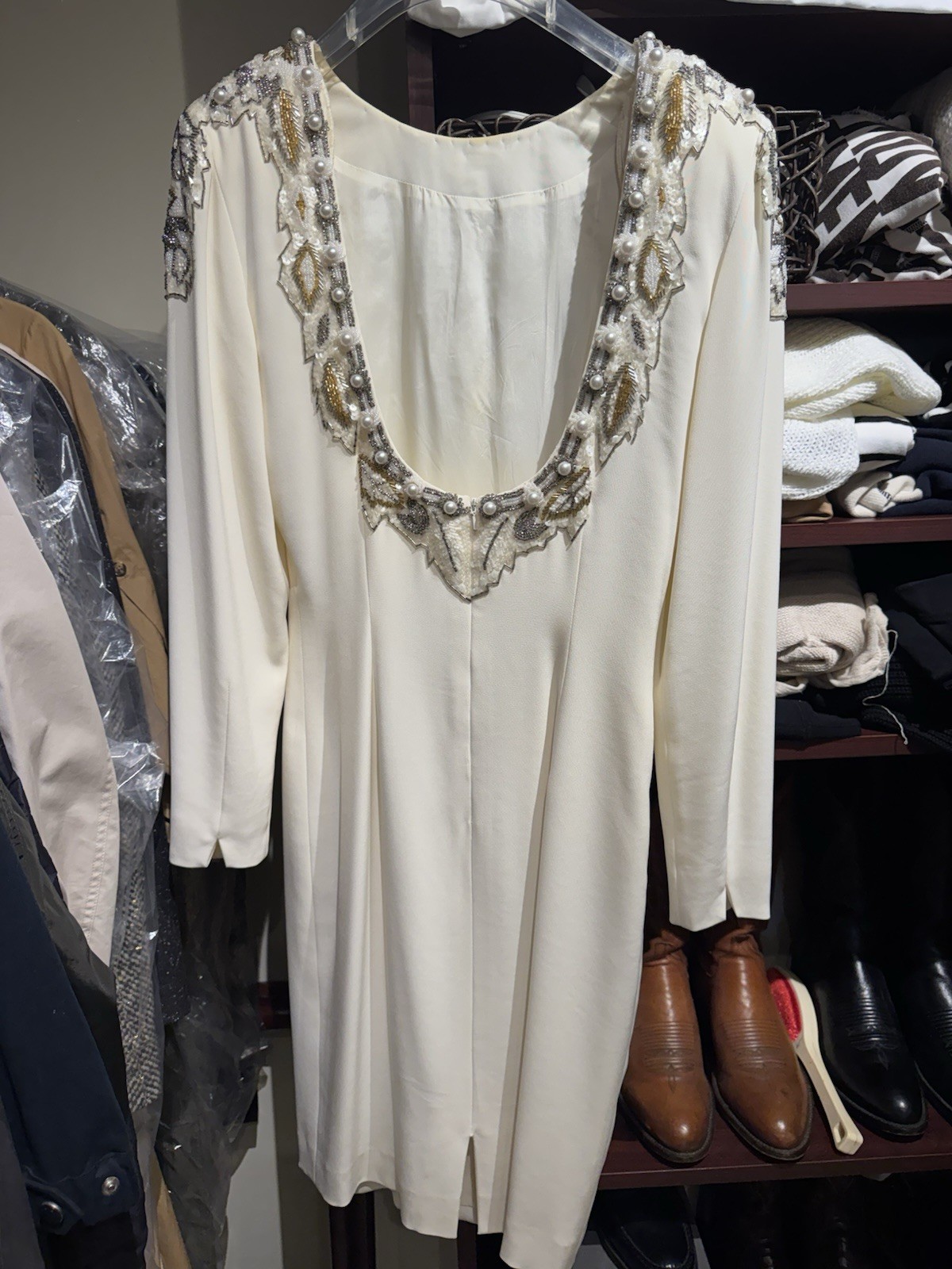 Vintage Black Tie Beaded Cream Evening Dress Size 4 1980s Glam