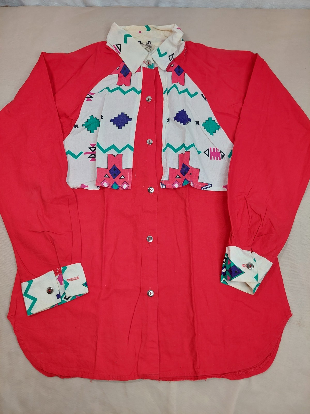 Vintage 80s Southwestern Cowgirl Shirt Women S Red Geometric USA 100% Cotton
