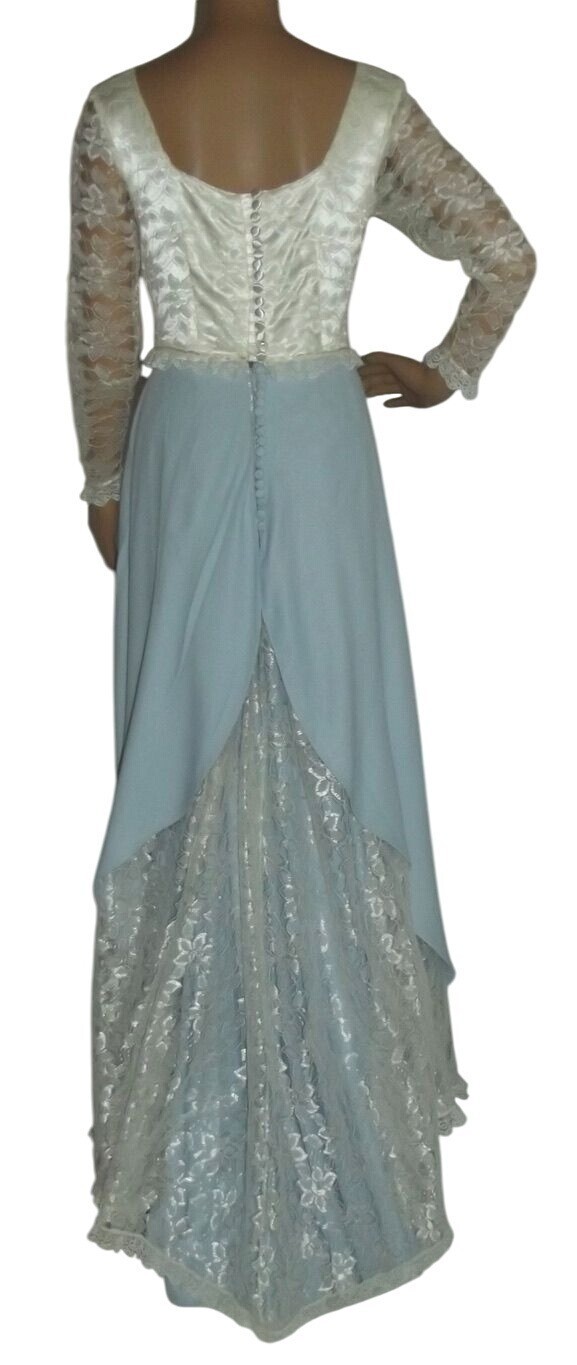 Vtg Blue & Ivory XS Lace Long Wedding Dress back buttons square neck hand made