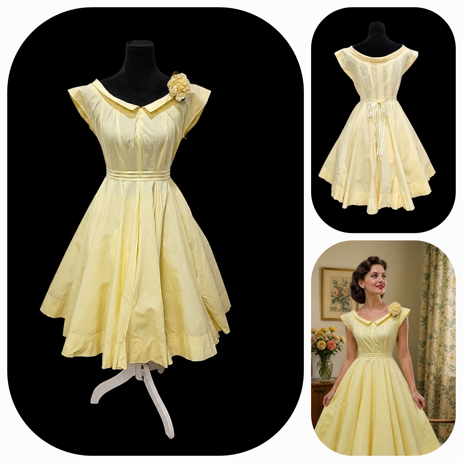 Vintage’50s Mid Century Yellow Cotton Dress Fit Flare Full Skirt Garden Party