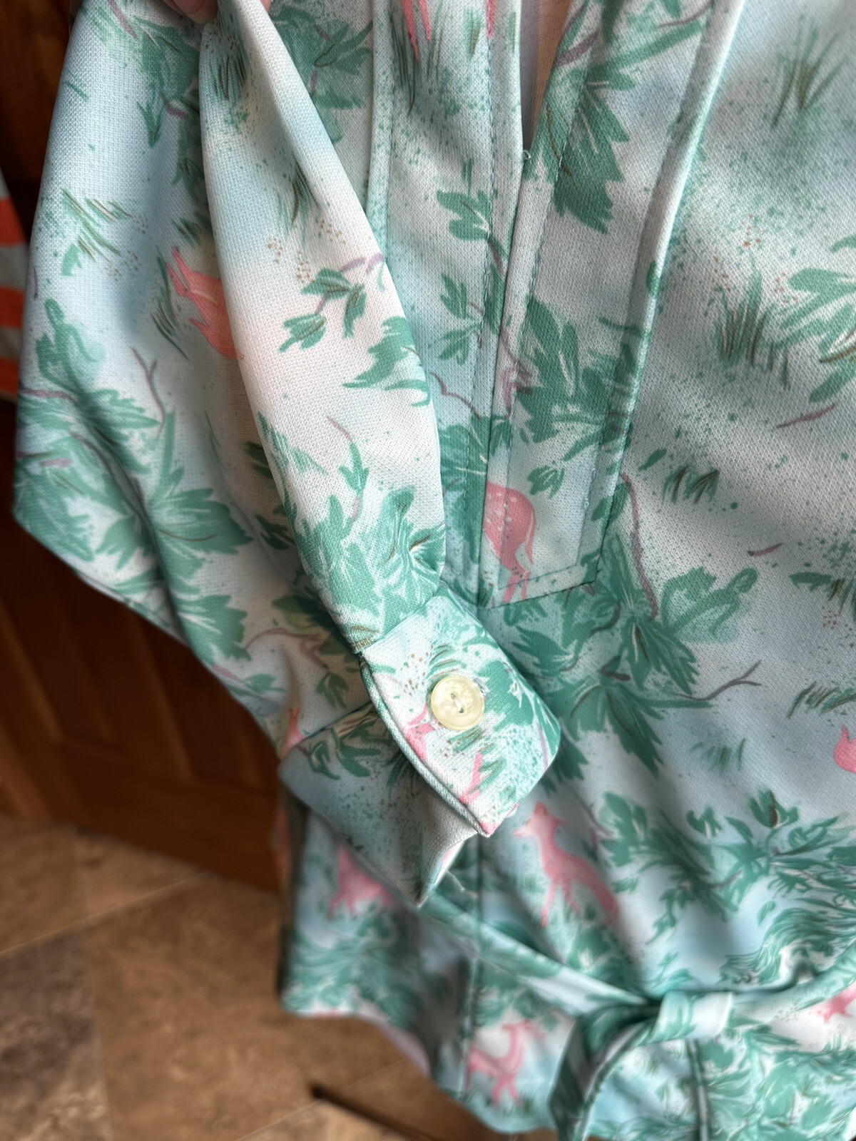 60’s Vintage Top Stand Up Collar Mint Pink Deer~Belt Zipper Back ~S/M Shirt