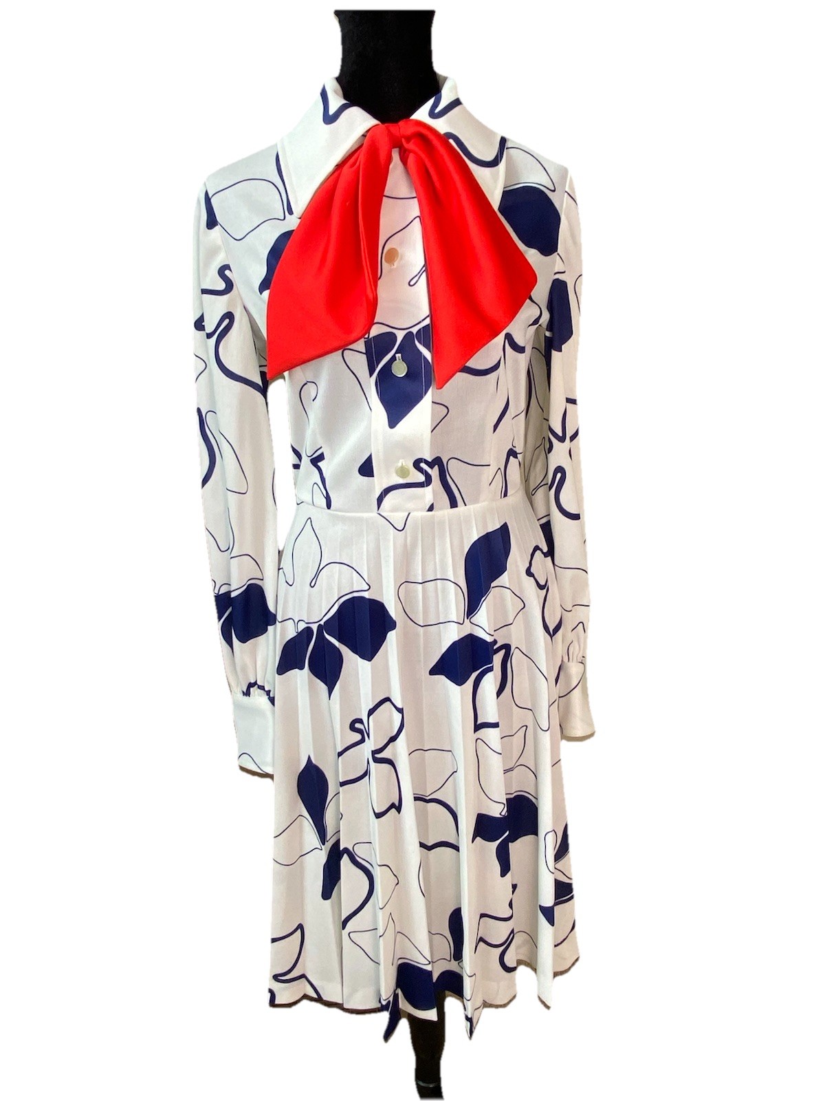 Vintage 1970s Navy Dagger Collar Red Box Fit n’ Flare Midi Dress Bust 34