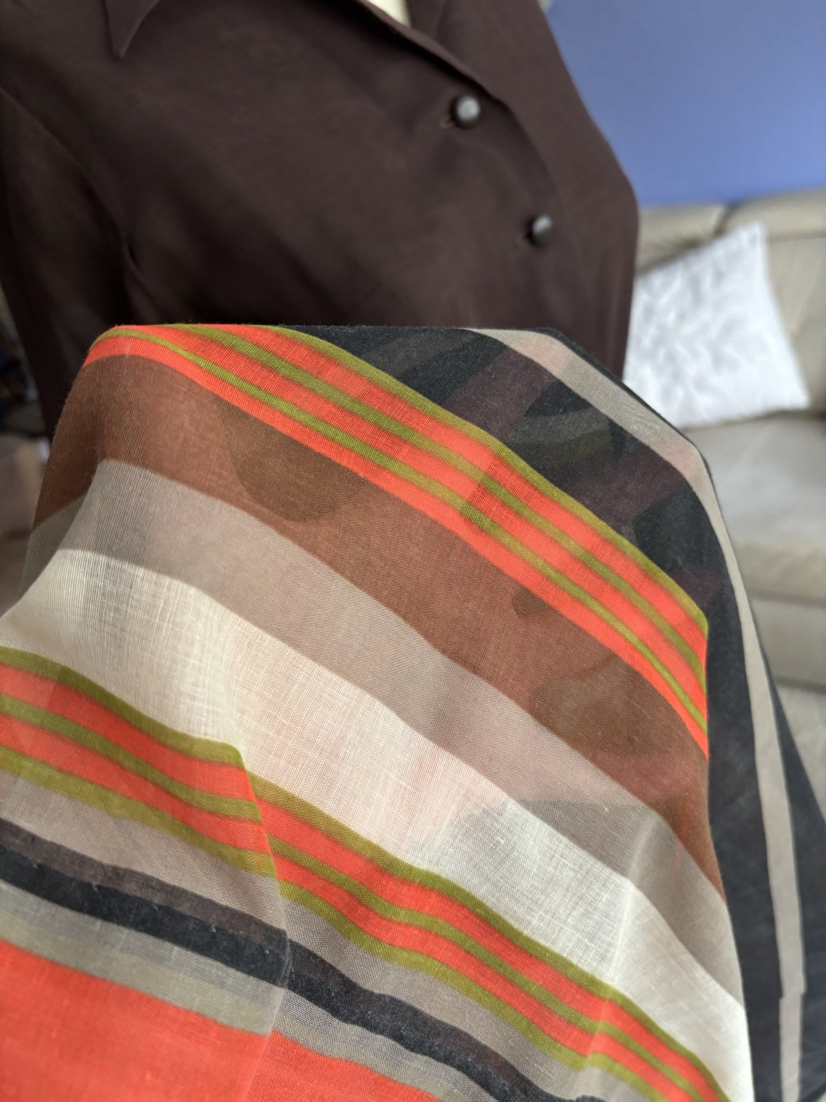 VTG 1970s Maxi Dress Retro Mod Stripe Belt Semi Sheer Brown Orange B34″ W28″ M
