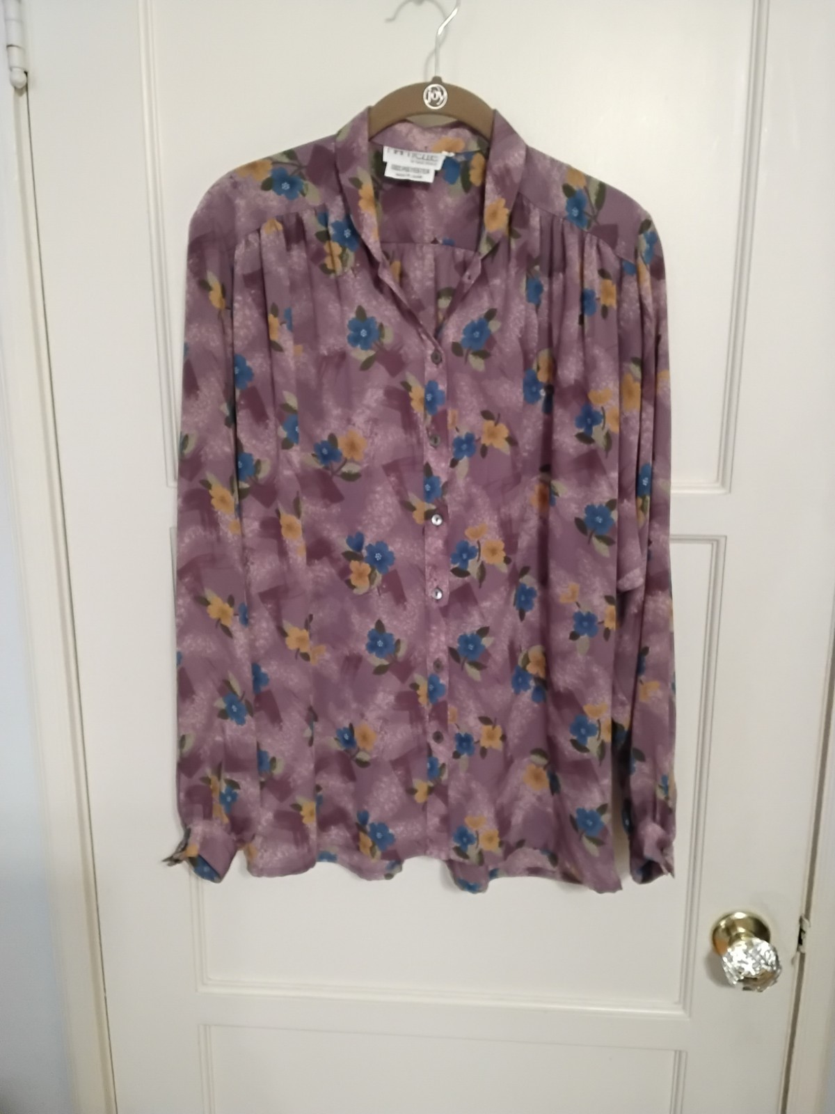 Vintage 80’s Semi Sheer Blouse Purple Mauve Florals Mamselle Sz 7/8 Long Sleeves