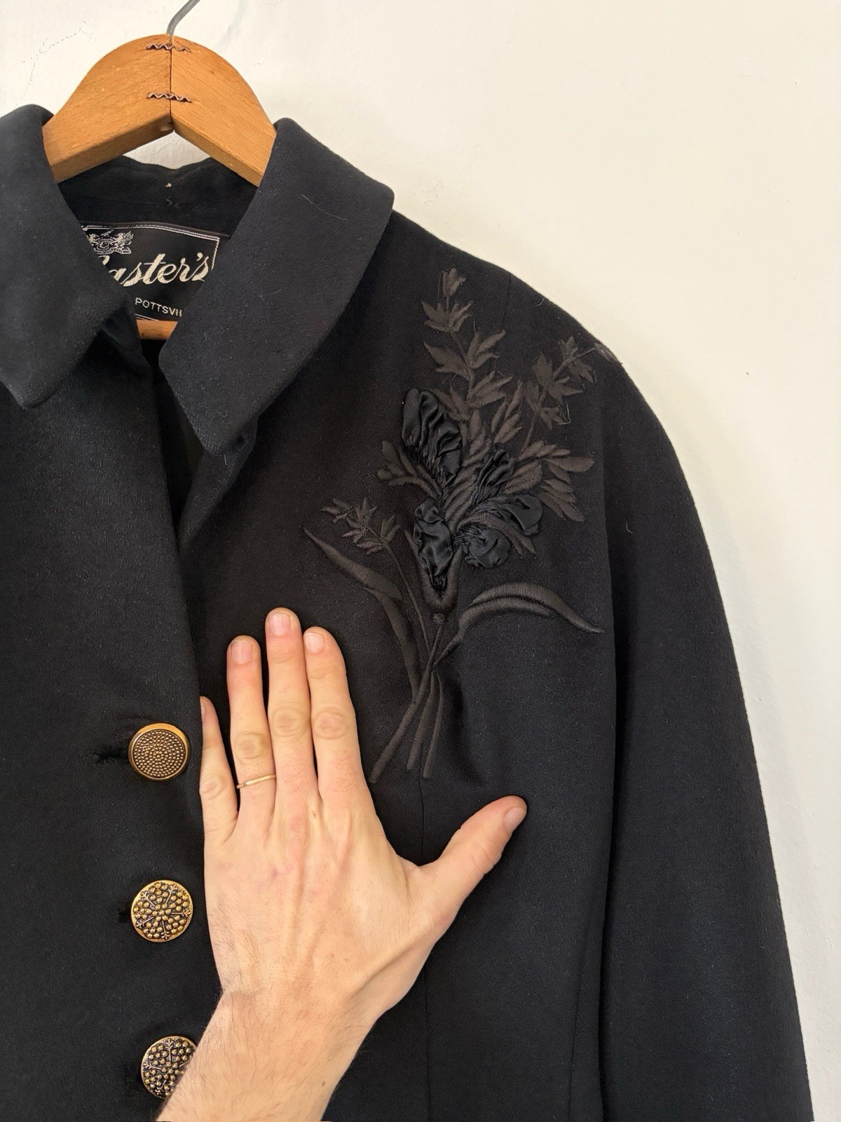 Vintage 1950s Black Wool Swing Coat Dress Princess Line Appliqué Formal New Look
