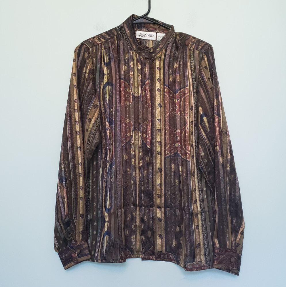 VTG Yves St. Clair Womens 12 Blouse Band Collar Paisley Stripe Gold Career Sheer