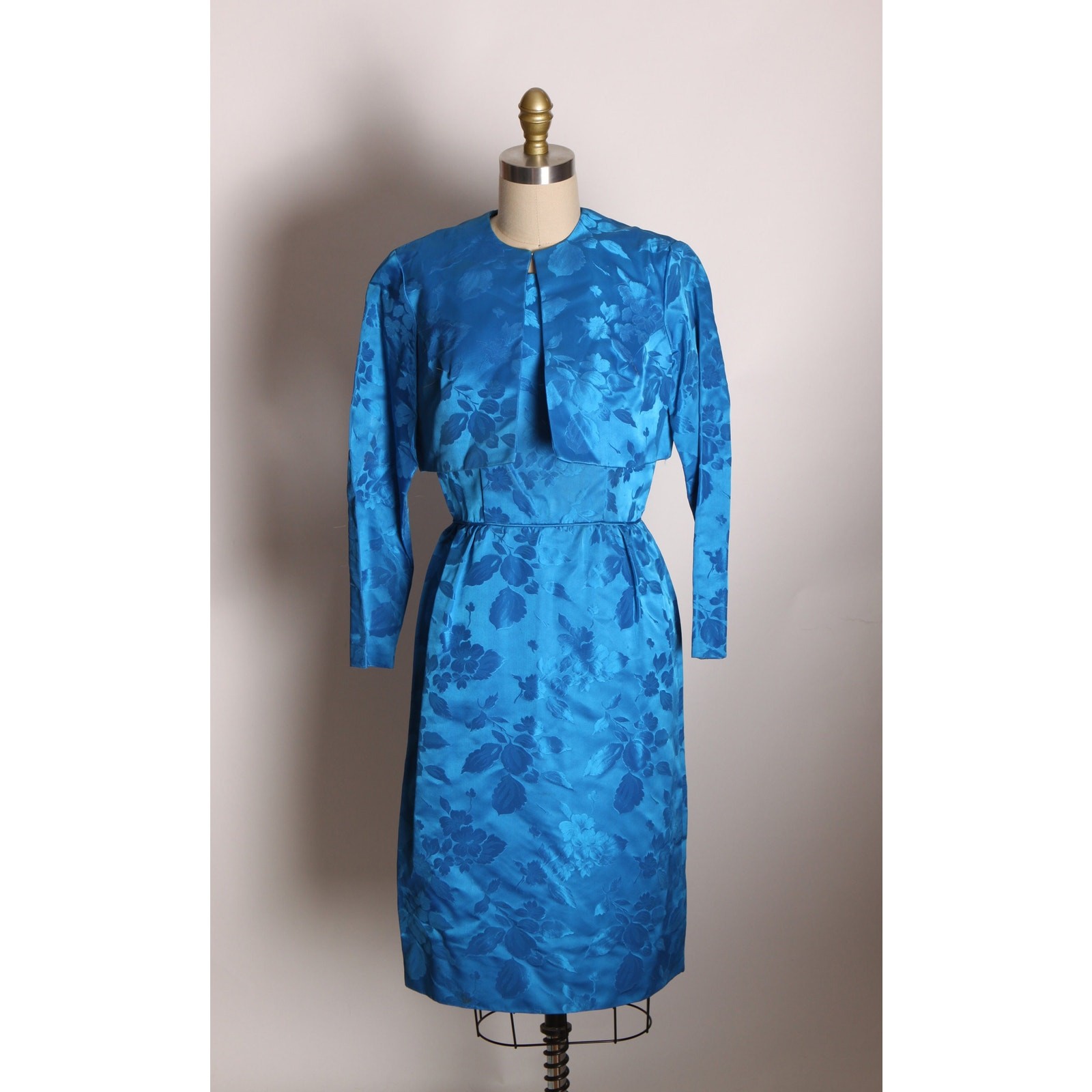 1950s Blue Floral Sleeveless Dress with Matching 3/4 Length Sleeve Jacket Outfit