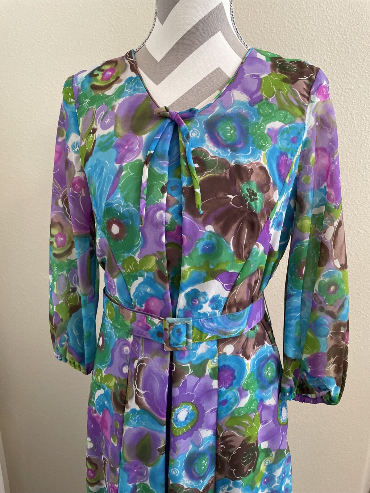 Vintage Floral Gown Blue Green Watercolor Chiffon Dress 60s 70s Size: XS S
