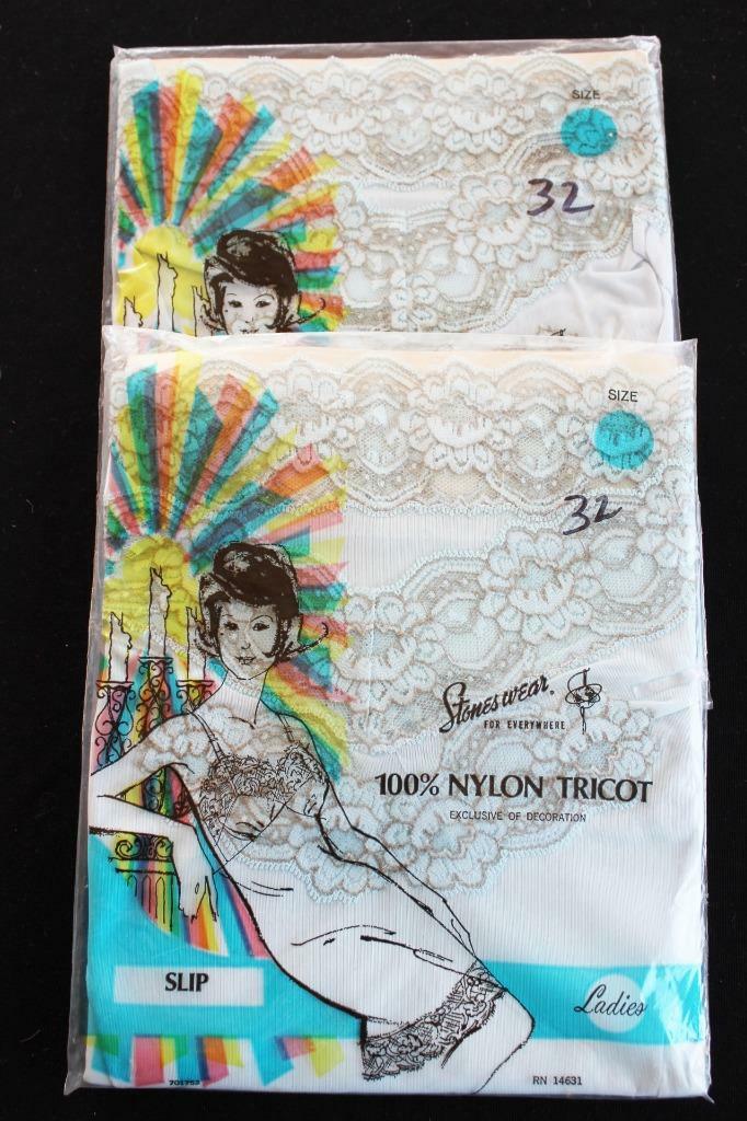 TWO VERY RARE VINTAGE DEADSTOCK 1960’S BLUE SILKY NYLON TRICOT SLIPS SIZE 32