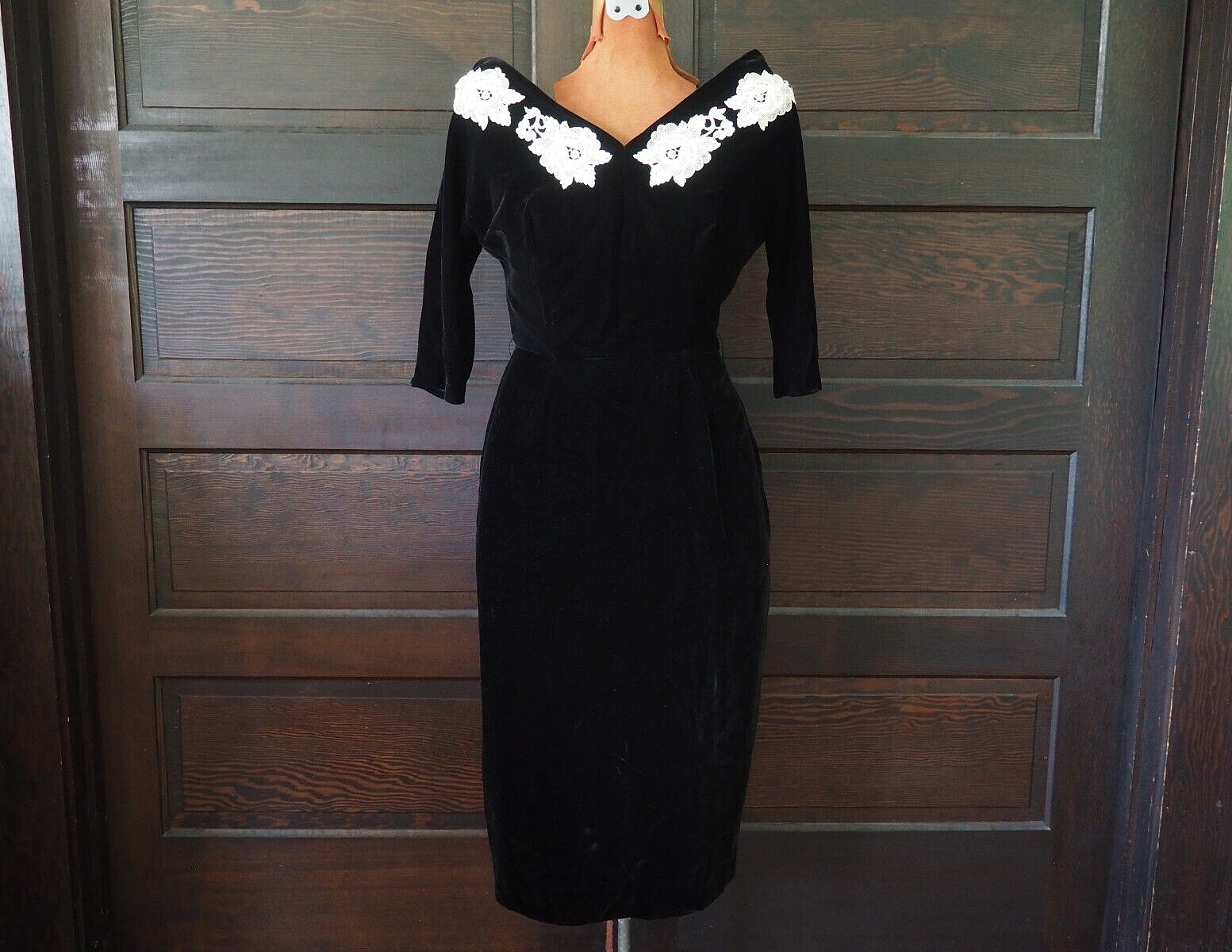 VTG 30s 40s Black Velvet Rhinestone Glam Pinup Party Cocktail Formal Dress Sz M