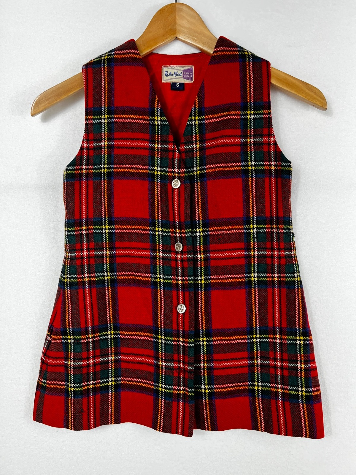 Vtg Rally Klad Red Black Gold Tartan Plaid Vest Sz. 6 Made in Scotland 100% Wool