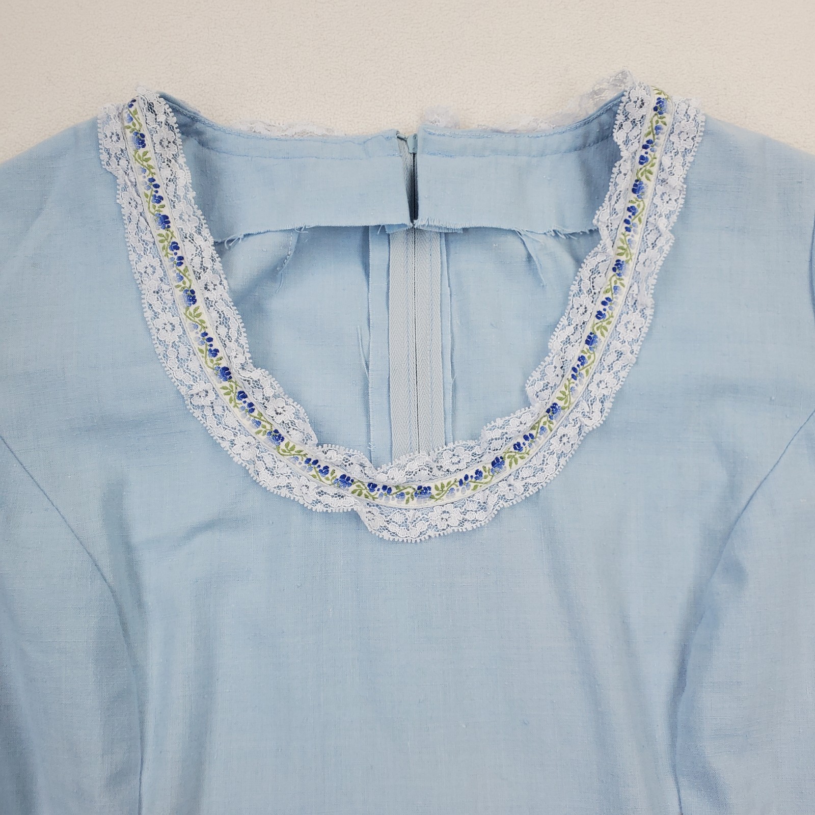 60s Lace Trim Maxi Dress XS Empire Waist Mod Regency Jane Austen Bridgerton Blue