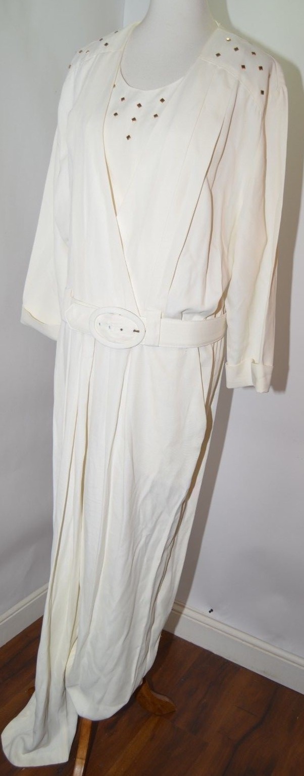 VTG Studio I New York White Jumper Pant Suit Belt Gold Studded SZ 20 T USA Made