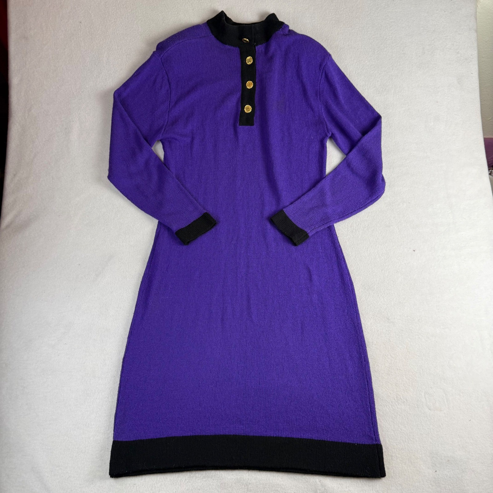 Ms Chaus Knits Vintage Purple Black Colorblock Gold Button Sweater Dress XL