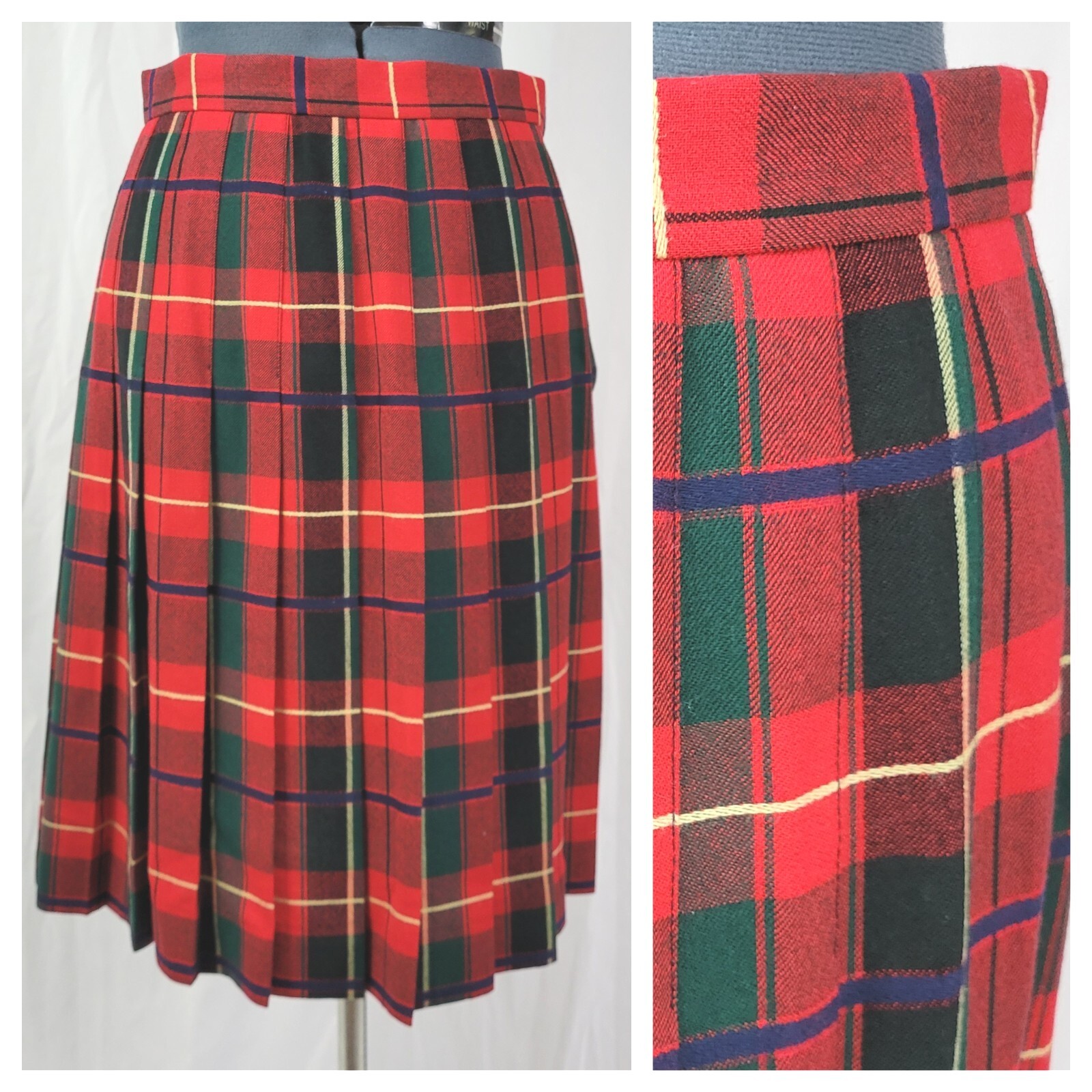 Vintage Talbots 100% Wool Red/Green/Black Plaid Pleated Skirt Size 10