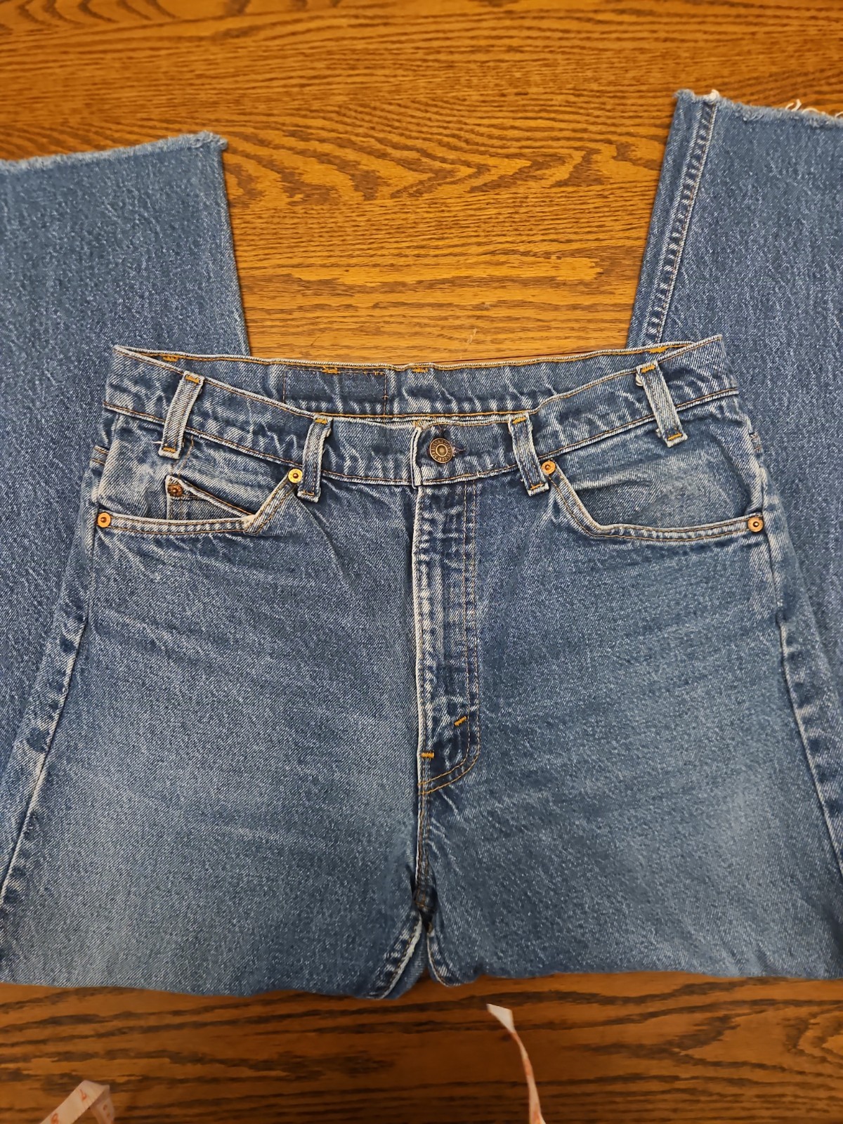 Vtg 1985 Levi’s 505 Jeans Orange Tab 33×27 Cropped Ankle Raw Hem Med Wash Denim