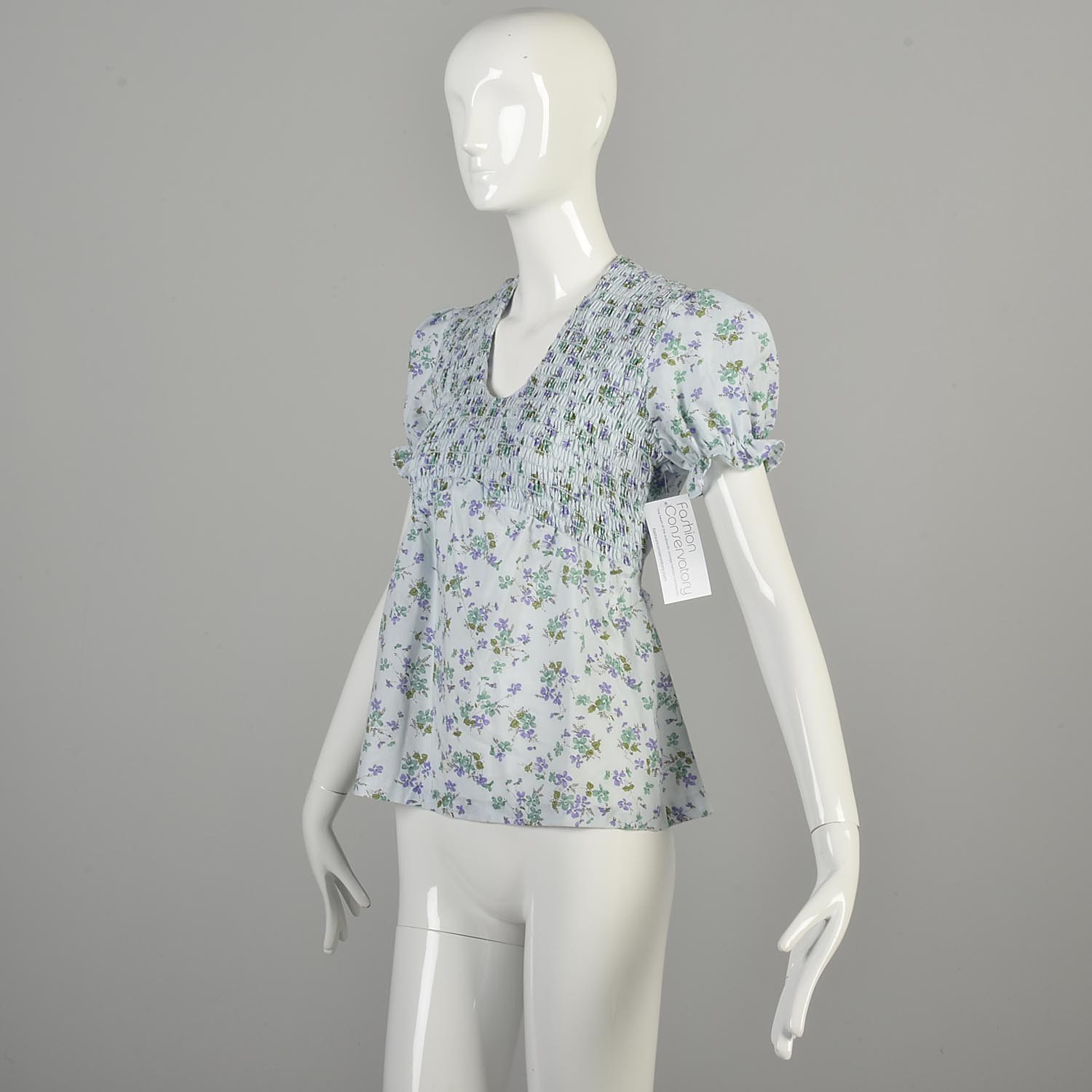 1970s XS Light Blue Smocked Tie Back Floral Blouse Short Balloon Sleeves
