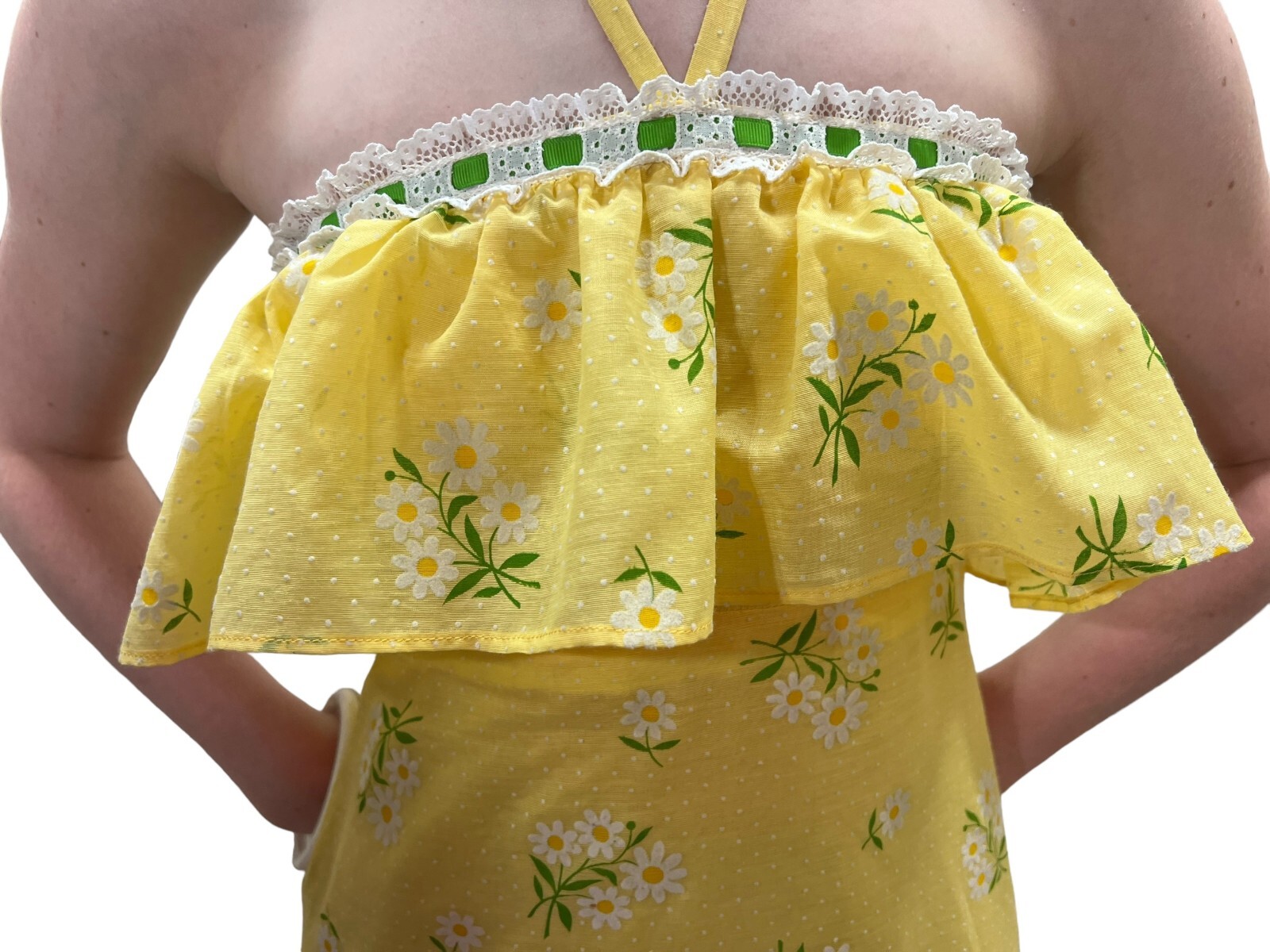 Sz XS Vtg 60s 70s Halter Maxi Dress Yellow Daisy Swiss Dot Festival Hippie Boho