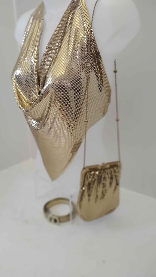 1970’s Women’s O/S Disco Gold Chainmail Metal Mesh Halter Top Belt & Purse 3 PCS